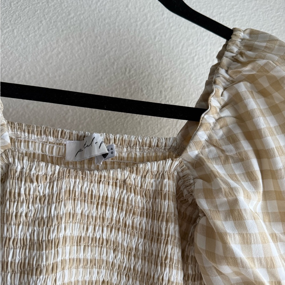 Petal & Pup Beige Gingham puffy sleeve Midi Dress - Picture 6 of 6
